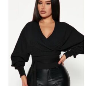 Fashion Nova Black V-Neck Wrap Sweater